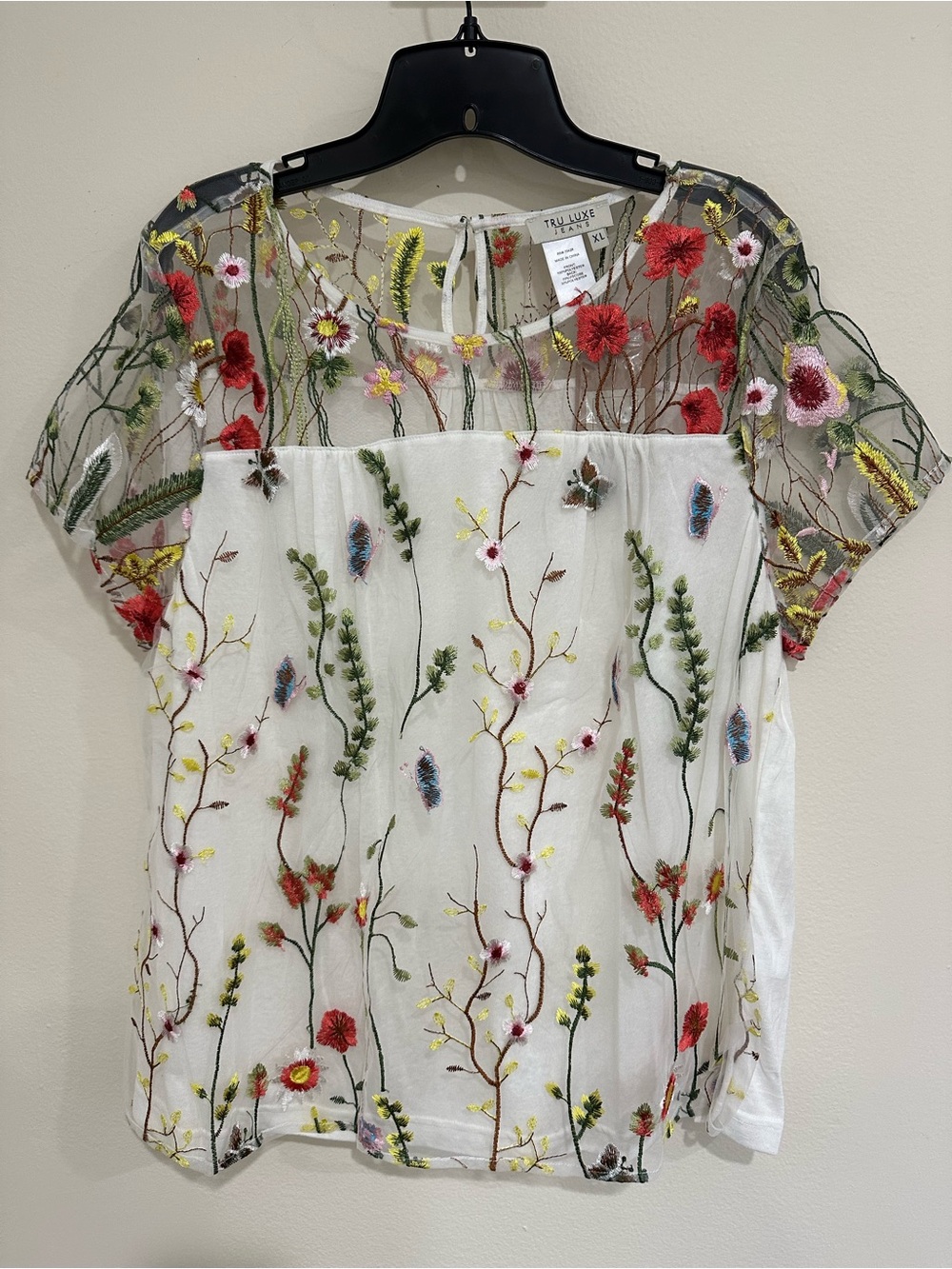 Tru Luxe White Floral Embroidered Mesh Overlay Top